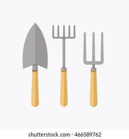 A set of gardening tools. Illustrations for gardening items: a shovel, a rake, a pitchfork.