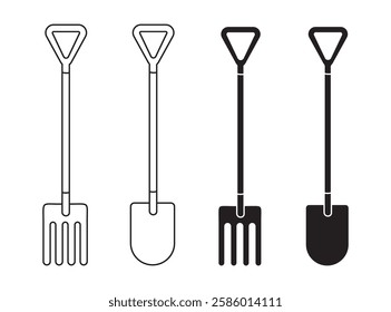 Set of gardening tools illustrations shovel and pitchfork icons in black and white outline and silhouette