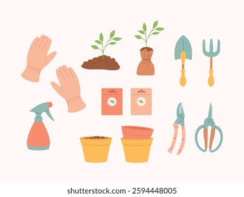A set of gardening tools  including pruners, a watering can, gloves, seed packets, potted plants, and hands planting a seedling. Ideal for eco-friendly, botanical, and gardening-related 