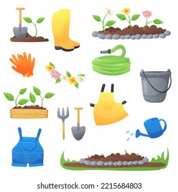 Set of  gardening Tools, items, blue watering can, green sprouts, shovel, rake, apron, bucket, hose, flower bed, gloves, wooden box, boots isolated on white background. Vector illustration 