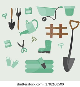 Set of gardening tools or items. Flat vector illustration.