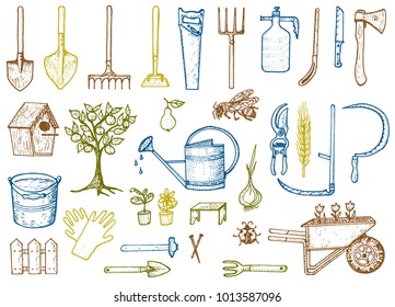 Set of gardening tools or items. hose reel, fork, spade, rake, hoe, trug, cart, lawnmower, elements collection. work equipment. shovel fence tree saw watering can ax. engraved hand drawn in old sketch