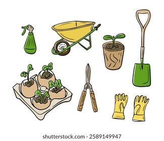 Set of gardening tools and items, including a shovel, wheelbarrow, gloves, sprayer, shears, and seedlings in eggshells, illustrated in a stylish design