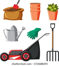 Set of gardening tools on white background illustration