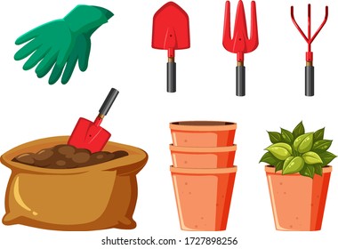 Set of gardening tools on white background illustration