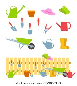 Set of gardening tools on white