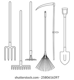 Set of Gardening Tools Outline Illustrations. Vector Collection