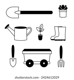 Set of gardening tools and plants line icons. Watering can, boots, shovel, rake.