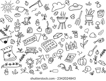 set of gardening tools , plants and objects in the garden hand drawn in doodle style black outline and white background vector