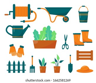 Set of gardening tools and plants. Vector illustration of elements or icons for gardening and farming. 