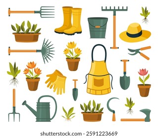 Set of gardening tools, potted plants, gloves, apron, watering can, rake, shovel and hat. Hand drawn design element collection. Farming tool for growing spring organic plants. Flat vector illustration