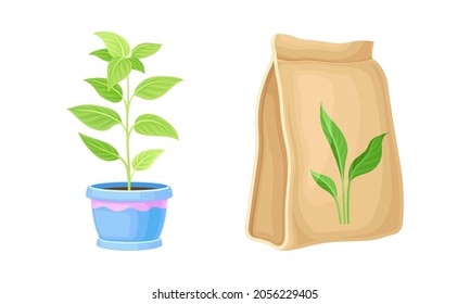 Set of gardening tools. Potted seedling and seeds packaging cartoon vector illustration