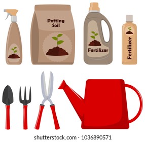 Set of gardening tools, potting soil, various fertilizers in bottles and spray gun. Vector illustration in flat style