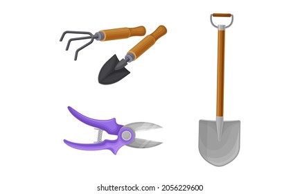 Set of gardening tools. Pruner, rake, scoop, shovel cartoon vector illustration