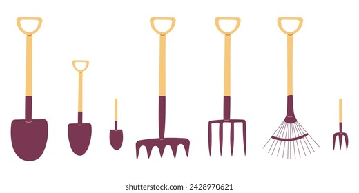 set of gardening tools. Rakes, pitchforks, shovels, brooms. Plant care.