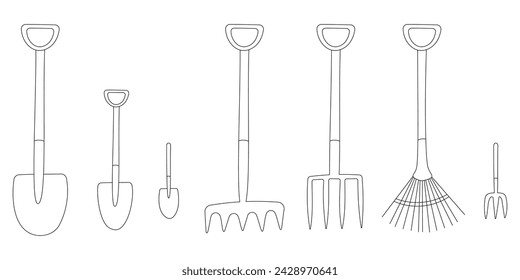 set of gardening tools. Rakes, pitchforks, shovels, brooms. Plant care.