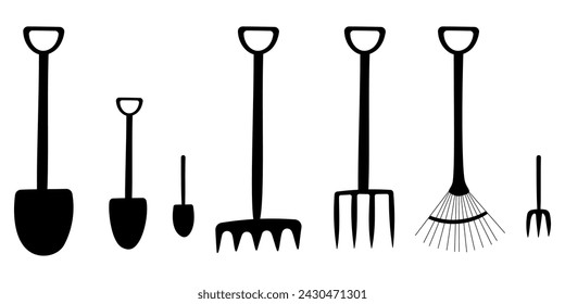 set of gardening tools. Rakes, pitchforks, shovels, brooms. Plant care.