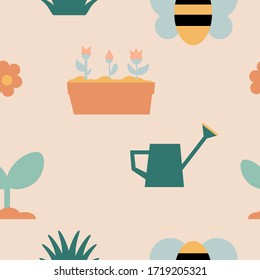 set of gardening tools seamless pattern, pastel color palette. 