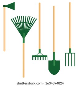 Set of gardening tools. Shovel, pitchfork, rake, broom, chopper. Stock vector illustration for decoration and design, web pages, packaging, fabrics, cards, posters, banners, textiles and more.