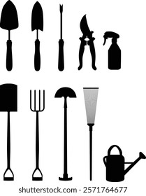 set of gardening tools silhouette illustration