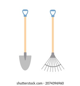 Set of gardening tools silhouette. Vector illustration in flat style. Shovels, rake isolated on white background