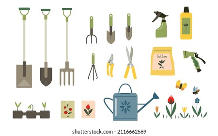 Set of gardening tools vector illustration. Seasonal gardening. Plants, watering can, shovel, chopper, dig, gardening, cutters, scissors.	
