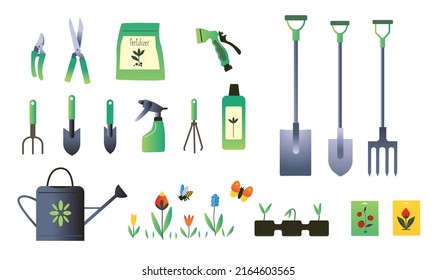 Set of gardening tools vector illustration. Plant equipment. Seasonal gardening.