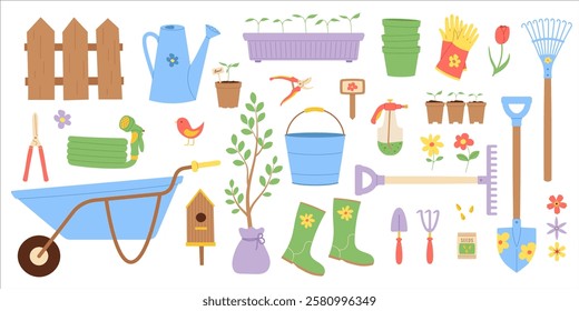 Set of gardening tools. Vector illustration for garden design, plant care guides, and seasonal agricultural projects