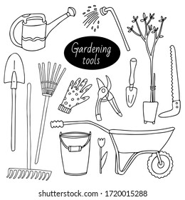 Set with gardening tools. Watering can, bucket, shovel, wheelbarrow, trowel, seedling tree, rake, hose nozzle, pruner, saw, glove, tulip.
Vector doodle hand drawn illustration isolated on white.