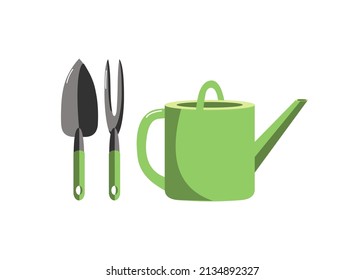 A set of gardening tools, a watering can isolated on a white background. Colored flat vector illustration. Floristics and gardening, hobbies, outdoor activities. Horticulture, agronomy sign.