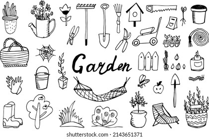 Set with gardening tools. Watering can, bucket, hose, pitchfork, shovel, wheelbarrow, trowel, pruner, seedling tree, garden fork, rake, fence. Vector doodle illustration isolated on white.