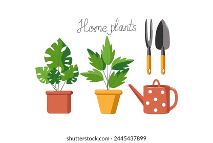 A set of gardening tools, a watering can, caring for house plants. Potted plant, flower. Colored flat vector illustration. Floristry and gardening, hobby. Home, comfort.