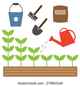 Set of gardening tools. Watering plants. Vector illustration.
