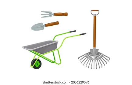 Set of gardening tools. Wheelbarrow, rake, scoop cartoon vector illustration