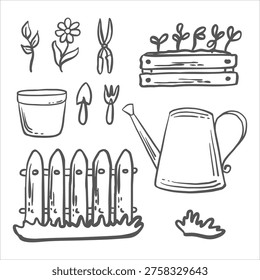Set of gardening vector graphic illustrations. Watering can, fence, seedlings of greens in box and pot. Isolated hand drawn doodle of garden inventory. Black and white clipart horticulture subject.