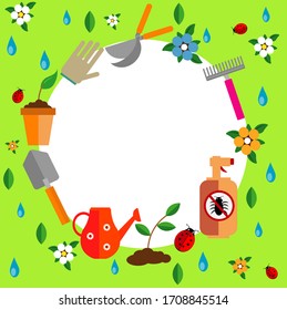 A set of gardening. Vector illustration on the topic of Hobbies and farming with an empty center for writing or image.