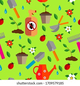 A set of gardening. Vector illustration of a seamless background with patterns on the theme of a gardener's hobby.