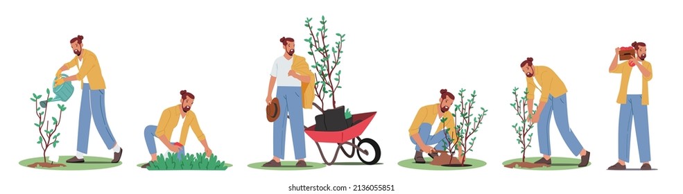 Set Gardening Works, Reforestation, Nature And Ecology Concept. World Environment Day, Characters Planting Seedlings And Growing Trees Into Soil Working In Garden. Cartoon People Vector Illustration