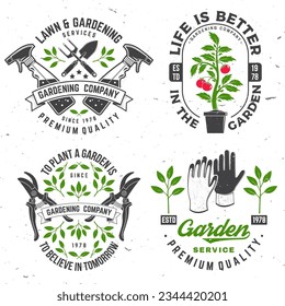 Set of gardening and yard work services emblem, label, badge, logo. Vector. For sign, patch, shirt design with hand garden trowel, farming fork, sprayer, tomato bush in pot, garden gloves gardening