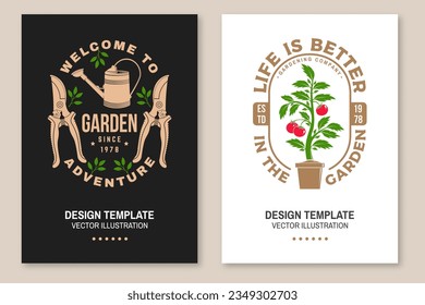 Set of gardening and yard work services poster, banner. Vector illustration. Poster design with hand secateurs, garden pruner, watering can, potted tomato seedlings and gardening equipment silhouette.