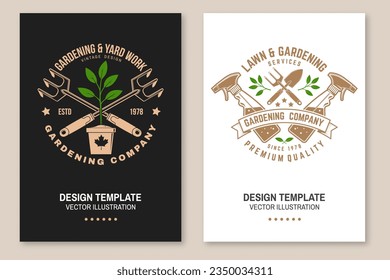 Set of gardening and yard work services poster, banner. Vector illustration. Poster design with hand garden trowel, farming fork, sprayer, flower in pot, gardening equipment silhouette.