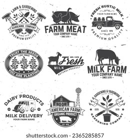 Set of gardening and yard work services and American Farm Badge or Label. Vector. Vintage typography design with chicken, pig, cow, hand secateurs, garden pruner, watering can, bear with rake and