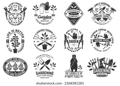 Set of gardening and yard work services emblem, label, badge, logo. Vector illustration. For sign, patch, shirt design with hand secateurs, garden pruner, watering can, bear with rake and gardening