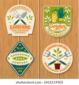 Set of gardening and yard work services emblem, label, patch, sticker. Vector illustration. For sign, patch, shirt design with hand secateurs, garden pruner, watering can, gardening equipment