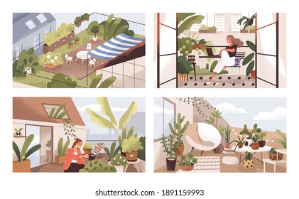 Set of gardens at terraces, balconies and roofs with plants and furniture. Modern cozy eco-style home interiors with greenery, tables and chairs. Colorful flat textured vector illustration.