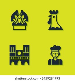 Set Gargoyle on pedestal, French man, Notre Dame and rooster icon. Vector