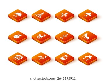 Set Gargoyle on pedestal, French rooster, Grape fruit, Rooster weather vane, Perfume, Street light, Frog legs and Woman shoe icon. Vector