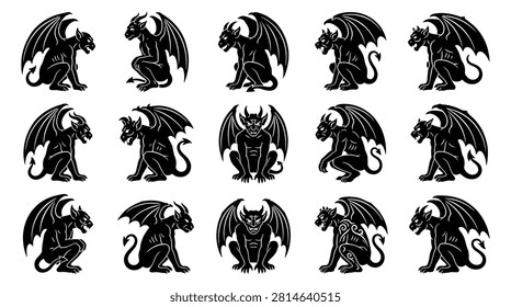 Set of gargoyle silhouettes, stone monsters with wings, horned demons, gothic statues, mythical creatures, vector illustration