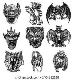 Set of gargoyle in sitting aggressive position to attack.  Human and dragon bat like demon Chimera fantastic beast creature with horns fangs and claws. Hand drawn gothic guardians at medieval. Vector 