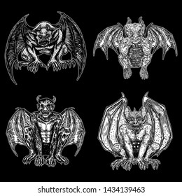Set of gargoyle in sitting aggressive position to attack.  Human and dragon bat like demon Chimera fantastic beast creature with horns fangs and claws. Hand drawn gothic guardians at medieval. Vector 